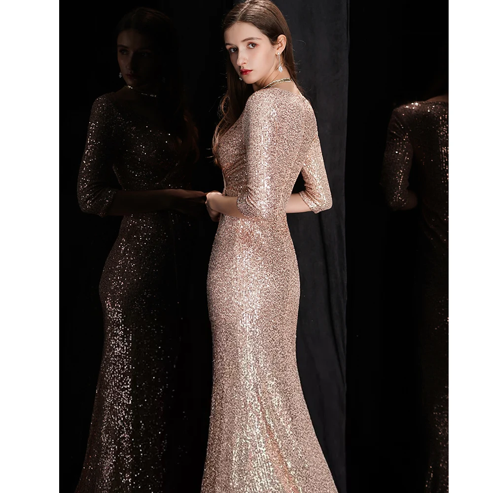 DEERVEADO Sexy Slit Deep V Neck Mermaid Evening Dress Party Long Formal Occasion Dress Women Elegant Gold Sequins Evening Gown