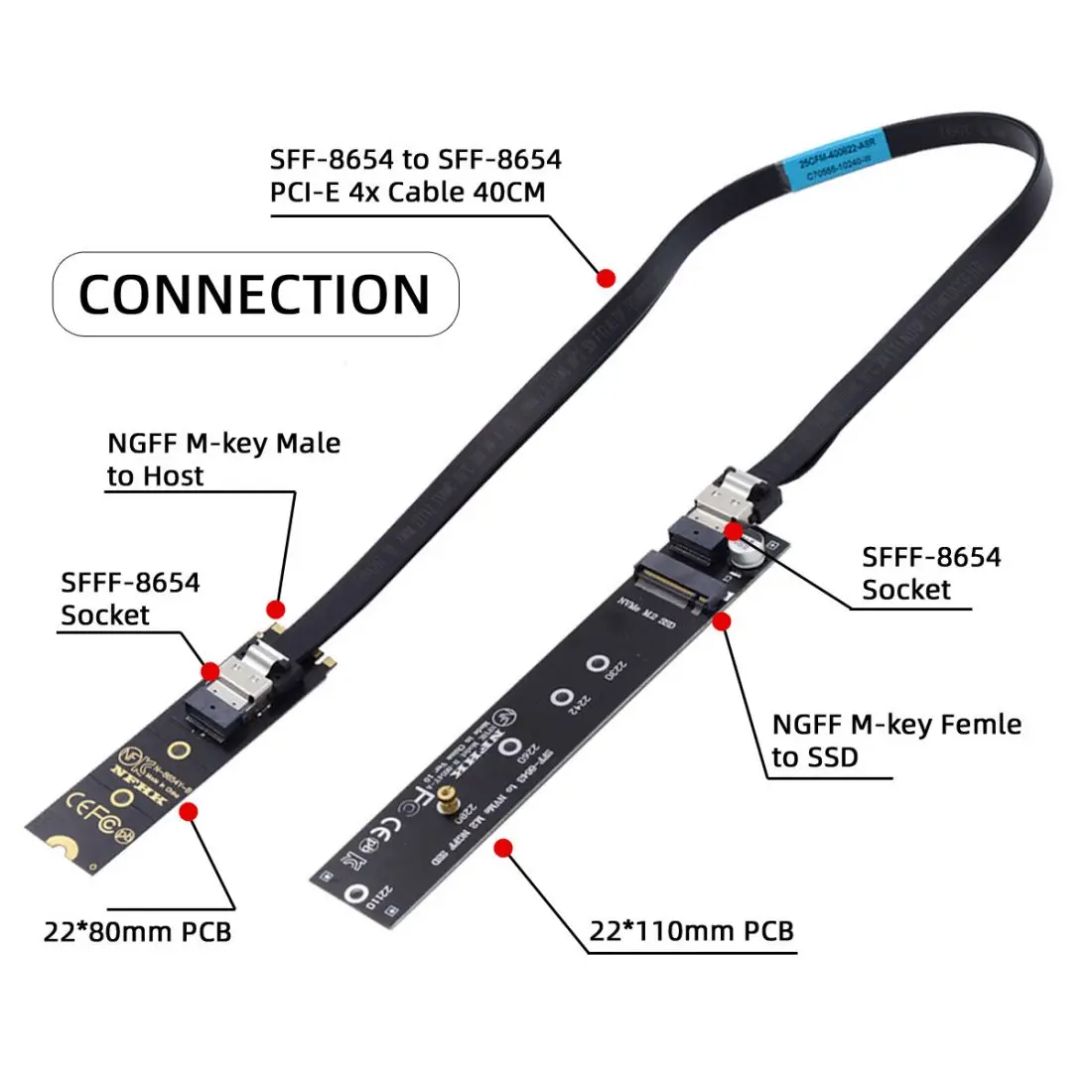 

Xiwai NGFF M.2 NVME M-Key SSD Male to Female Extension Cable 40cm with SFF-8654 Connector Adapter for Mainboard SSD 2280/22110