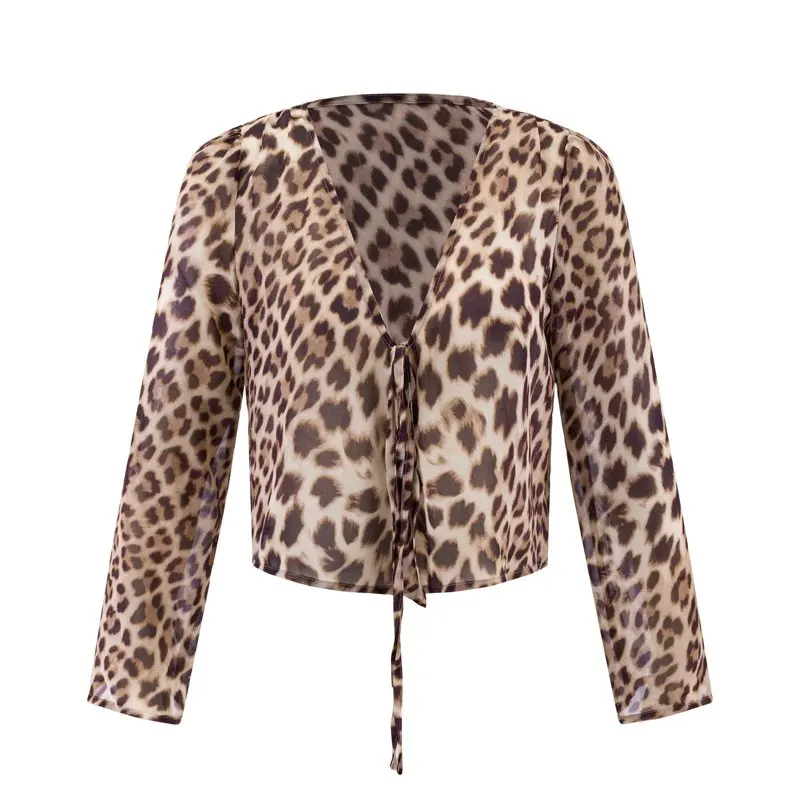 

XNWMNZ High Quality 2026 New Women's Summer Leopard Print Long Sleeve Blouse Tie Front Crop Top Chiffon Shirt