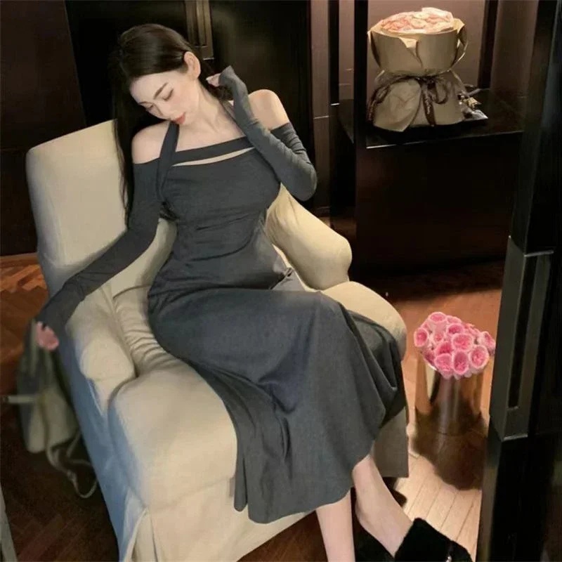 

Autumn Women Long Sleeve Knitted Dress Solid Casual Slim Elegant Midi Dress Female Chic Slash Neck Casaul Dress