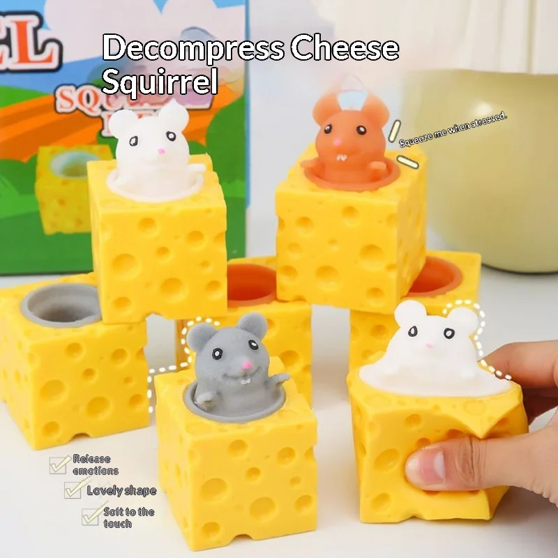 Pop Up Cheese Mouse Squeeze Toy, Stress Relief Fidget, Soft Cute Hanging Figure, Funny Decompression Game for Kids Adult