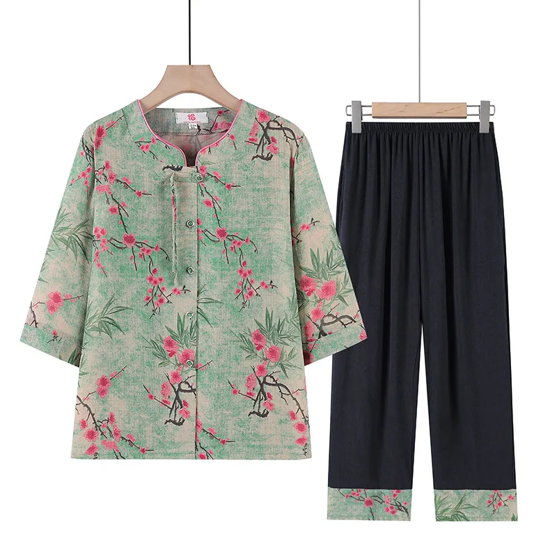 Traje Tang tradicional para meia-idade e idosos, terno Cheongsam fino, camiseta e jaqueta estampada, conjunto Hanfu, verão, novo