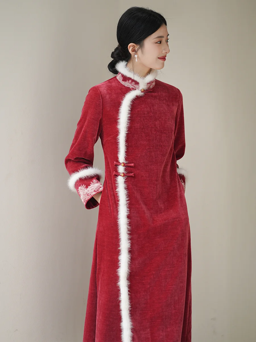 

Ele Red Long Dr женское осенне-зимнее новое китайское платье с высоким воротником Sve длинное свадебное платье из полиэфирного волокна