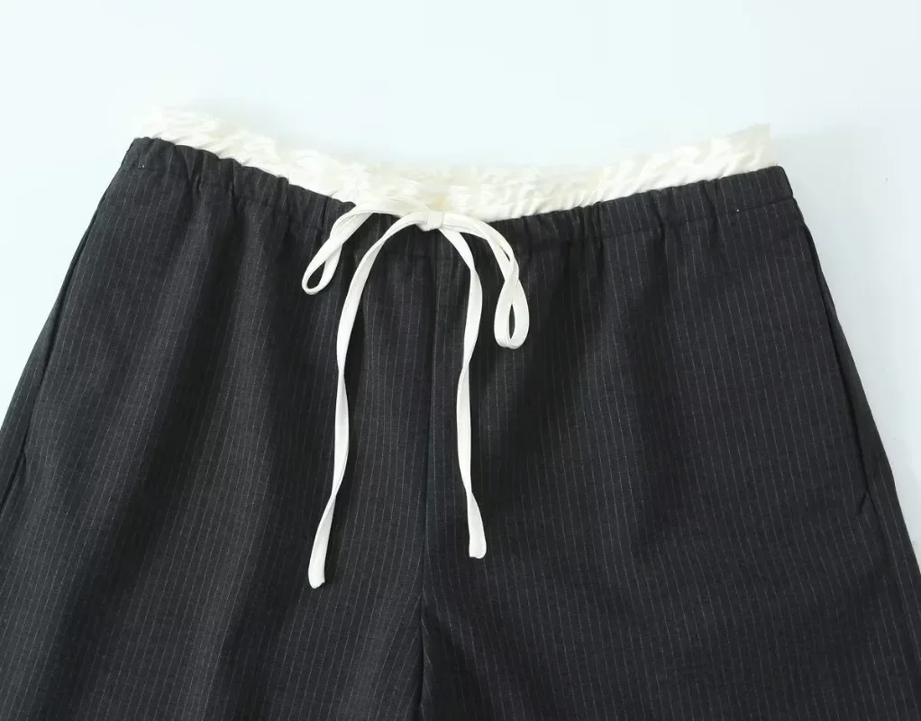 Women Autumn Solid Casual Stripe Pleated Pants Fashion Winter Oversized Loose Straight Lace Up High Waist Long Pants Y2k