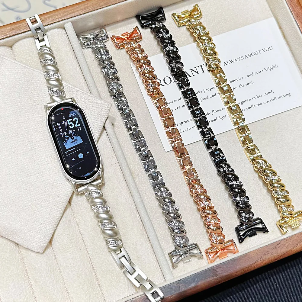 Wavy Metal Strap for Xiaomi Mi Band 10 9 8 Pro Rhinestone Bracelet for Redmi Watch 6 5 4 Jewelry Wristband