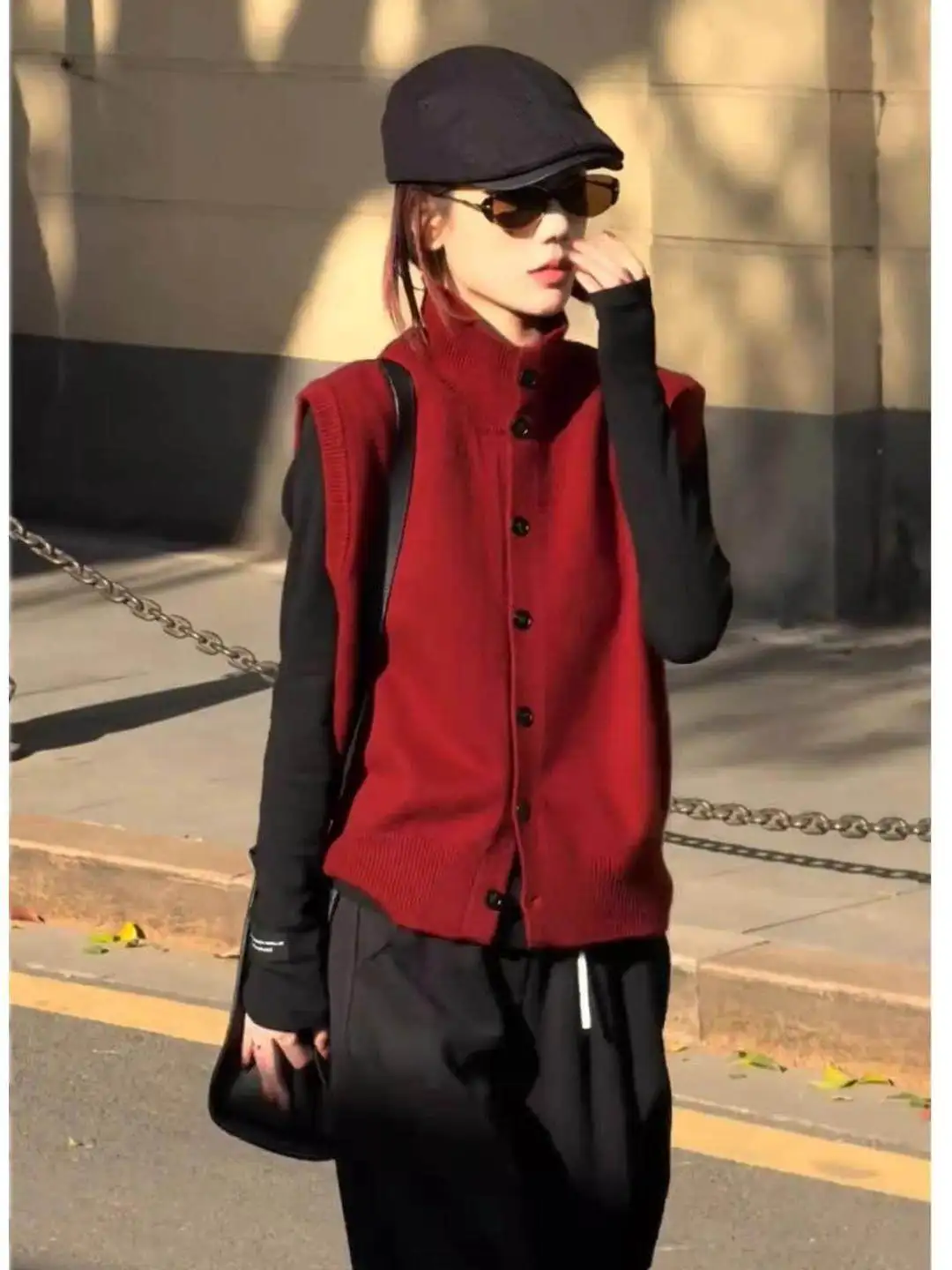 

Loose Fit Camere Knitted Open Cardigan Women's Autumn Winter Soft Wool Sweater Vest Korean Sle Stand Collar Button Detail