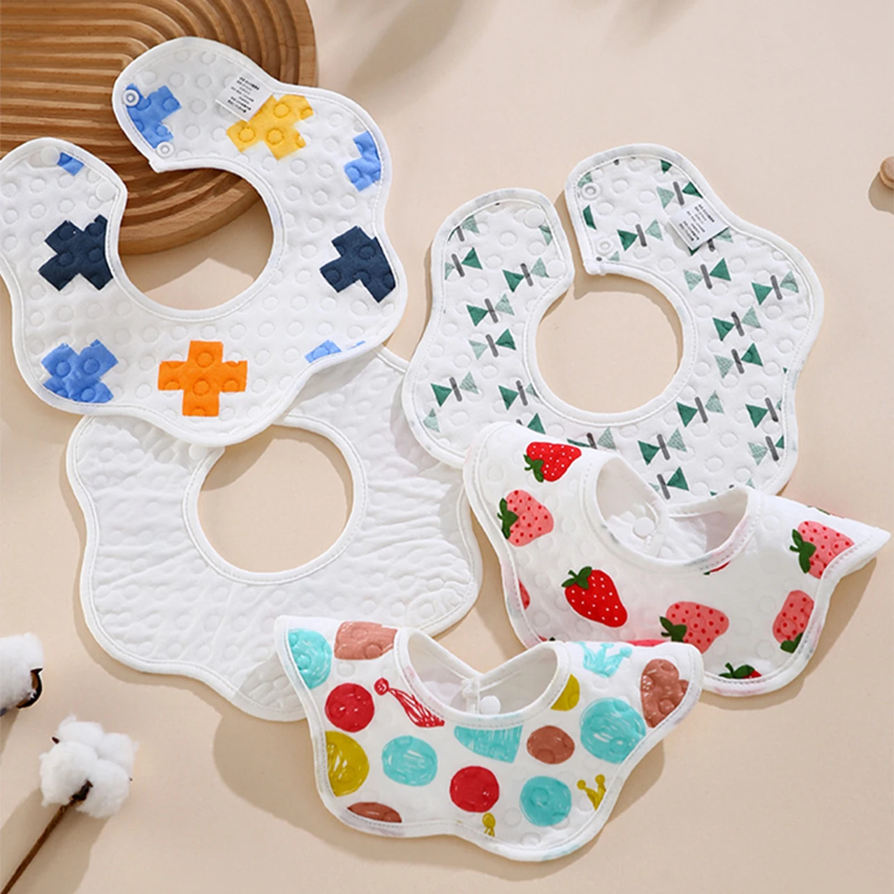 Soft Cotton Baby Bibs Cute Print Toddler Feeding Burp Cloths Petal Shaped Rotated Petal Shaped Rotated 1-3Year Kids Saliva Towel