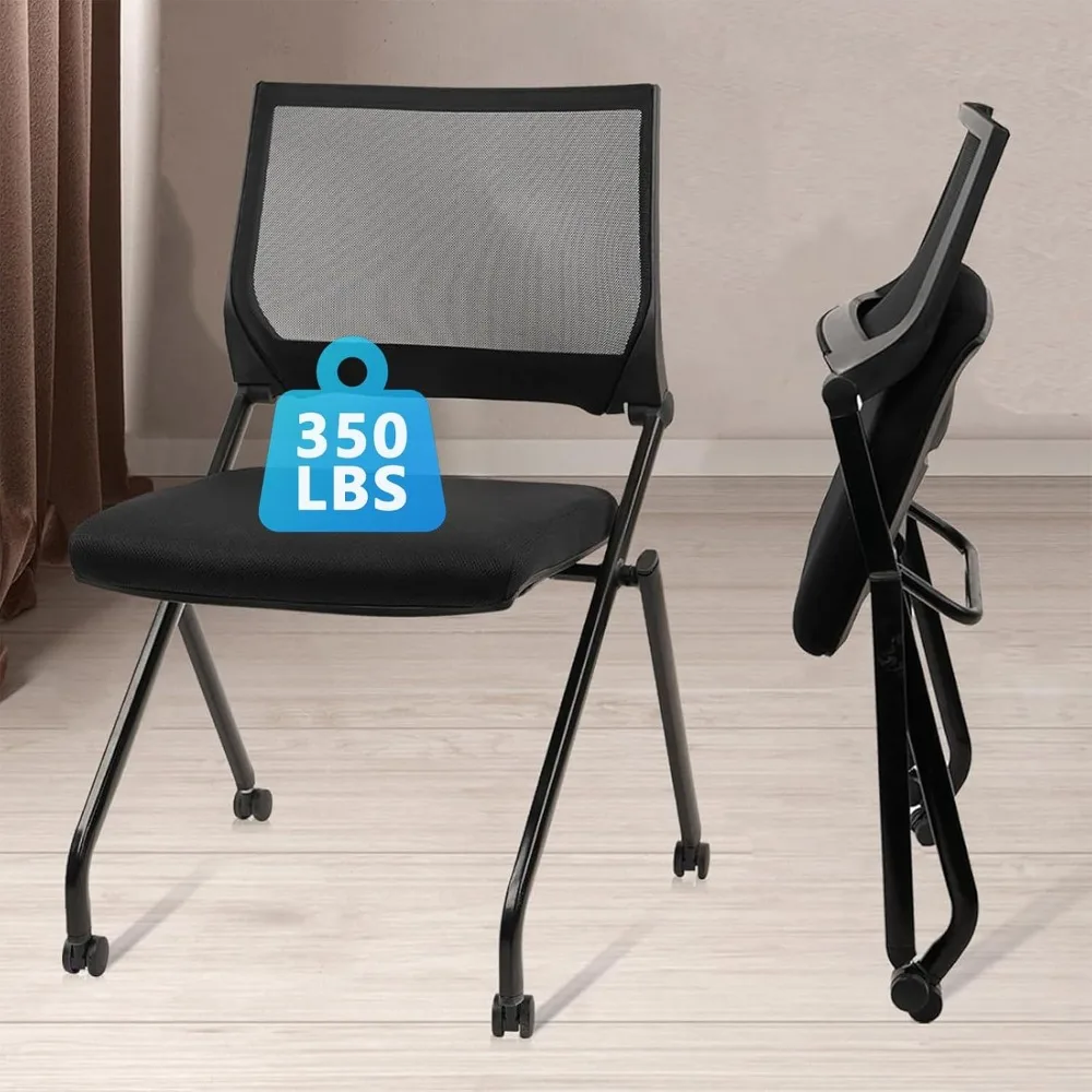Sillas de sala de conferencias apilables y plegables, sillas de sala de espera con ruedas y soporte lumbar, respaldo hinchable de malla ergonómica