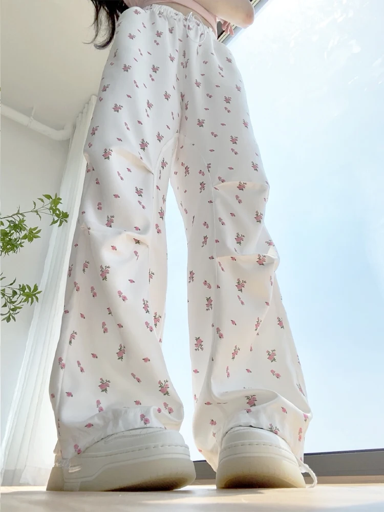 กางเกงลำลองลายดอกไม้หวานๆ เอวสูง ทรงขากว้าง ตรง ยาว สำหรับผู้หญิง ฤดูร้อน สไตล์เกาหลี ช่วยให้ดูผอม ทันสมัย