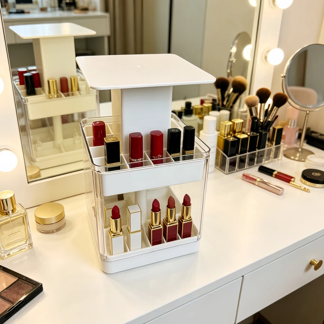 Large Capacity Cosmetic Storage Box Desktop Makeup Desk Press Lift Lipstick Holder Transparent Compartment Organizer Plastic Mat