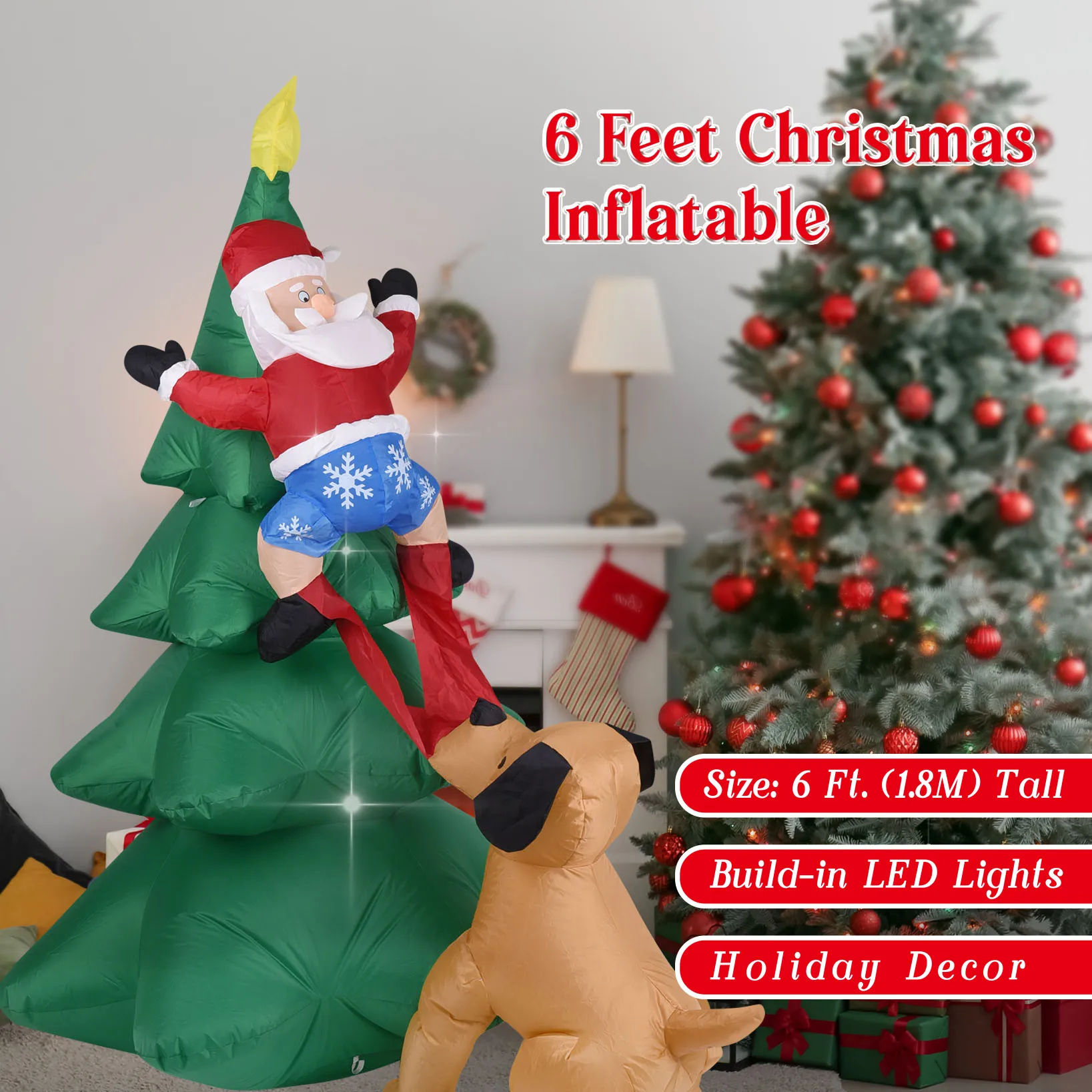 Christmas Inflatable Dog  w/Santa Claus Climbing Tree Lighted Blow Up Outdoor Yard Lawn Decoration for Home Garden Holiday Party view 5