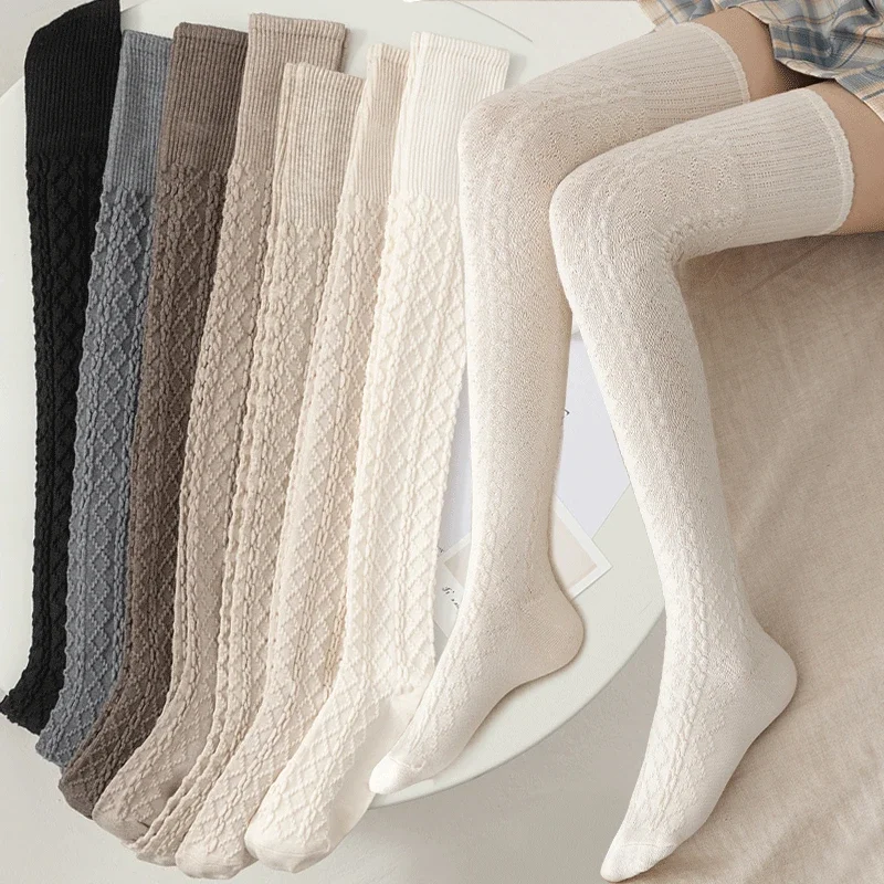 ถุงเท้าขนสัตว์ผู้หญิงฤดูใบไม้ร่วง/ฤดูหนาวสีทึบต้นขาสูง Medias Lolita หนาถุงน่องสีดําสีขาวถุงเท้ายาวสําหรับหญิง