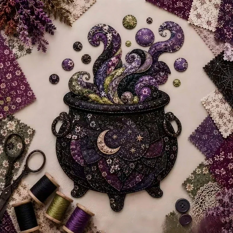 Halloween Witch DIY Patchwork Kit Moon Star Quilted Wall Hanging Fabric Set Hand Sewing Craft for Gothic Home Decor Gift