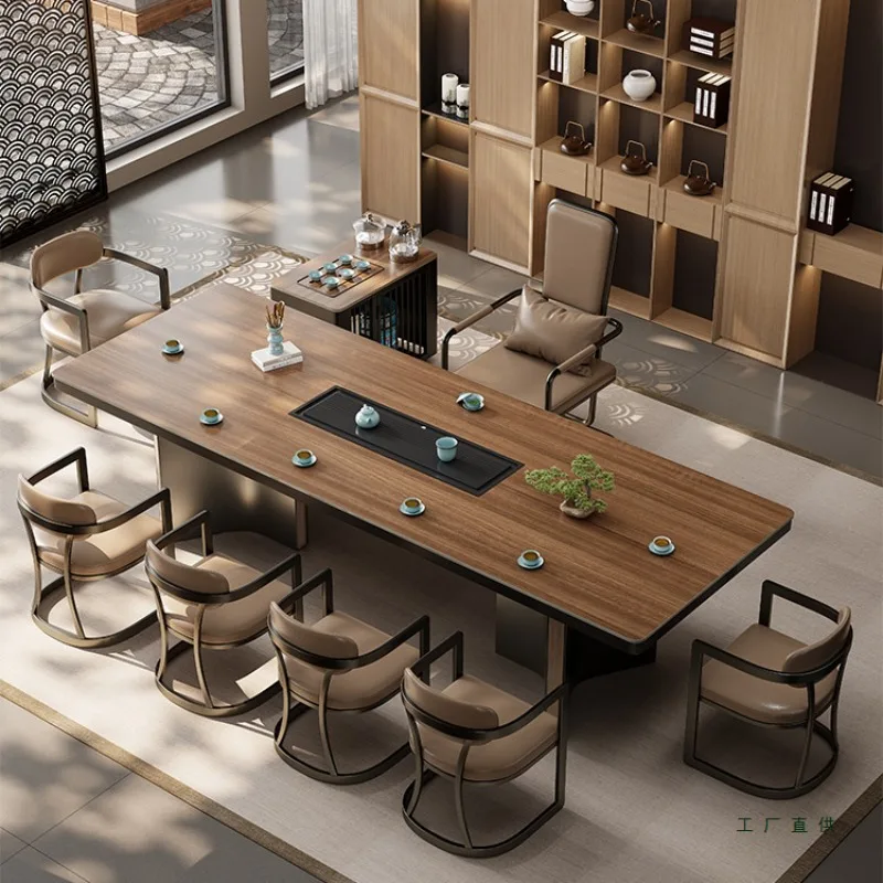 New Chinese wood grain rock slab tea table 2026 new high-end embedded kettle integrated automatic office tea table