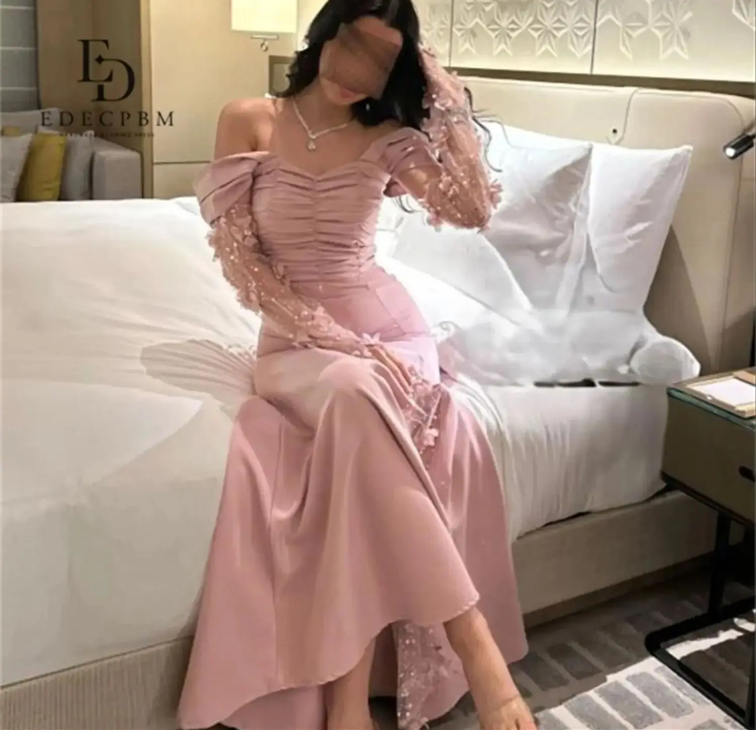 EDECPBM różowe długie suknie wieczorowe na specjalne okazje dostosowana suknia ślubna Vestidos De Festa Off-shoulder syrenka