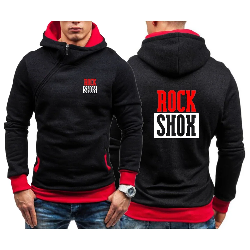 

New Brand Rock Shox Printed Men Hoodies Sweatshirts Slim Pullover Solid Color Men's Hooded Male Diagonal Zipper Sportswear Tops