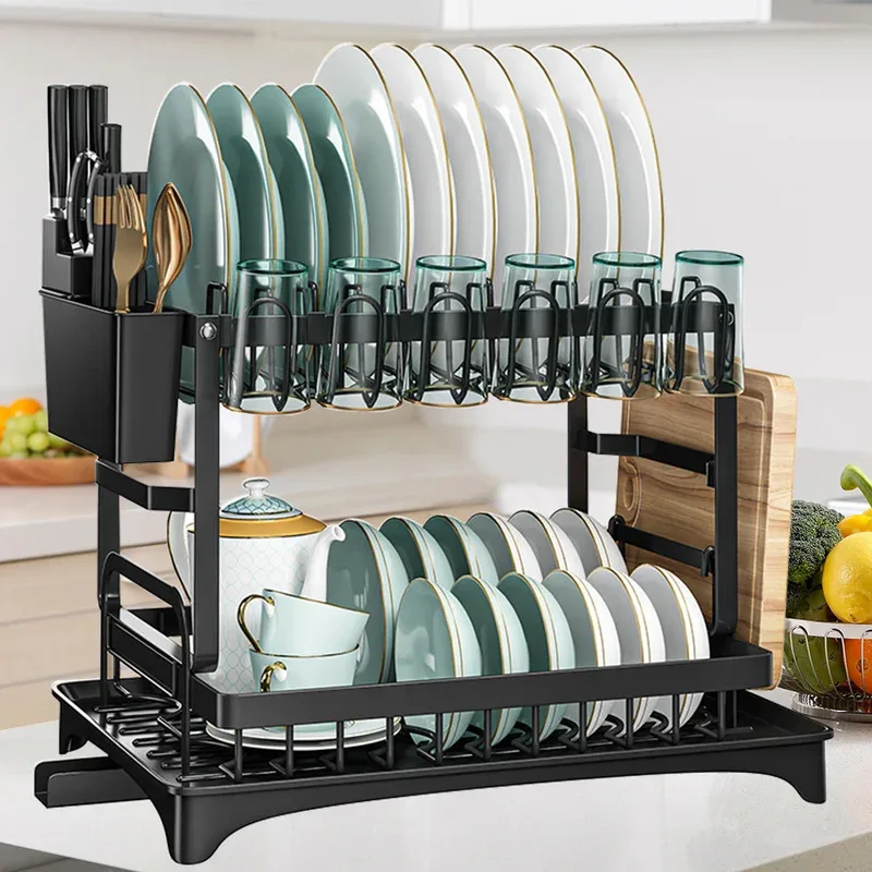 

2 Tier Dish drying Rack Dish Drainer with Drainer and Kitchen Countertop Utensil Holder Dish Drainer for Dish&Cup