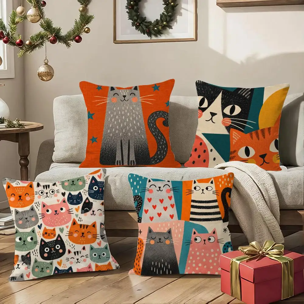 Graphic Cat Face Art Cushion Cover 1/4Pcs Soft Plush Throw Pillow Cover Double-Sided Print Sofa Living Room Decor