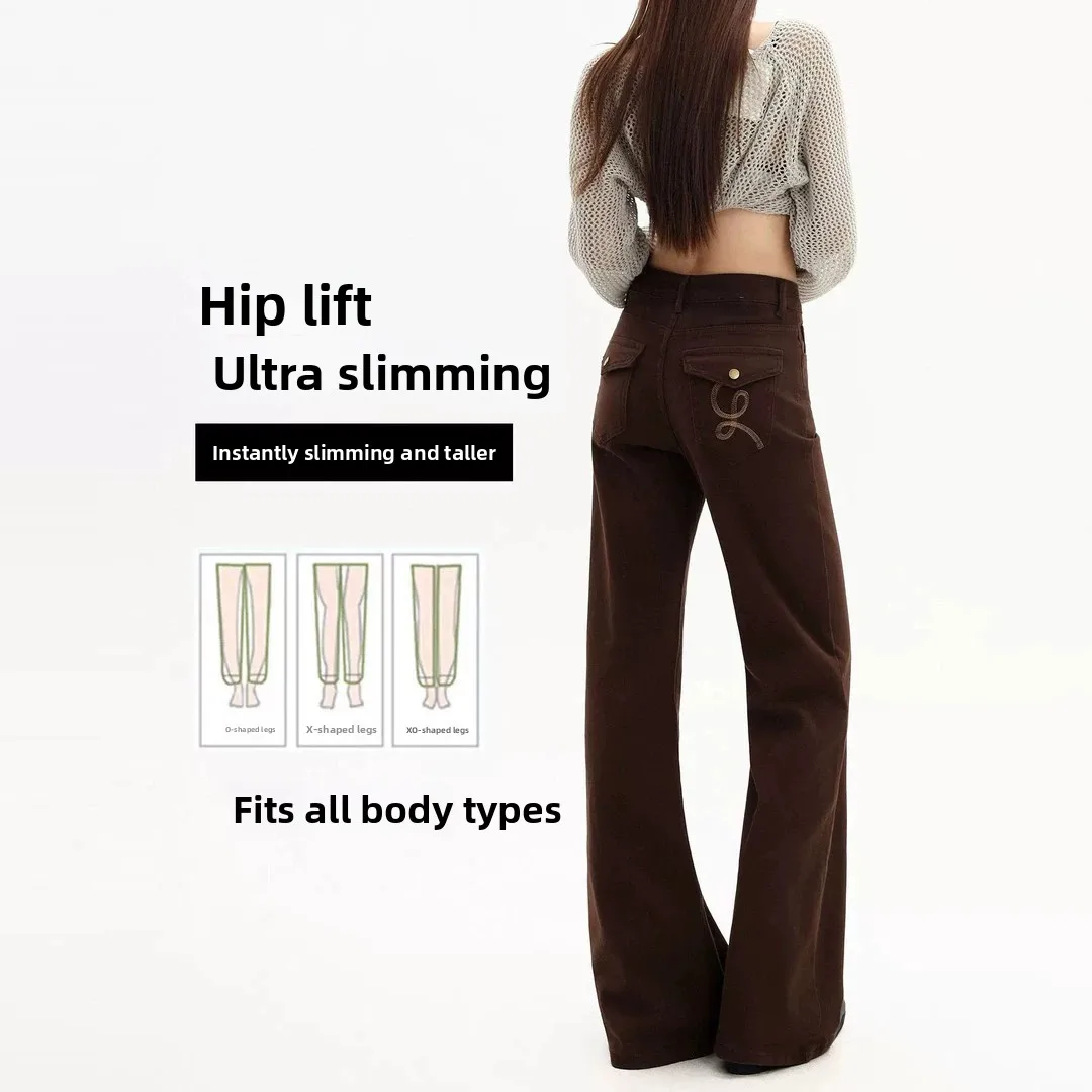 Cafe Brown Embroidered Micro Flared Denim Jeans Women's Fleece Lined Non Fitting Slimming Autumn Winter High Waist  ...