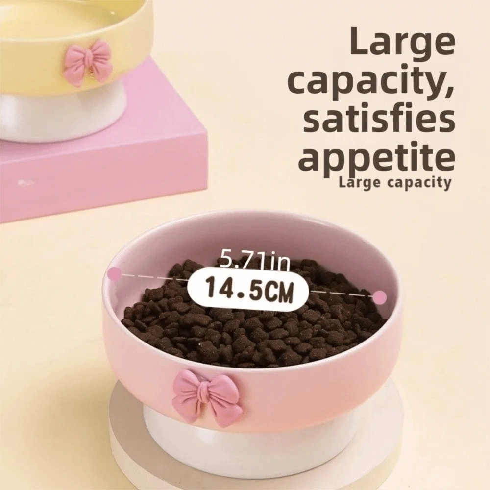 

Large Capacity Ceramic Cat Bowl Macaron Colors with Bow Elevated Pet Bowl Non-Slip Base Anti-Spill Dog Bowl Pet Feeding Drinking
