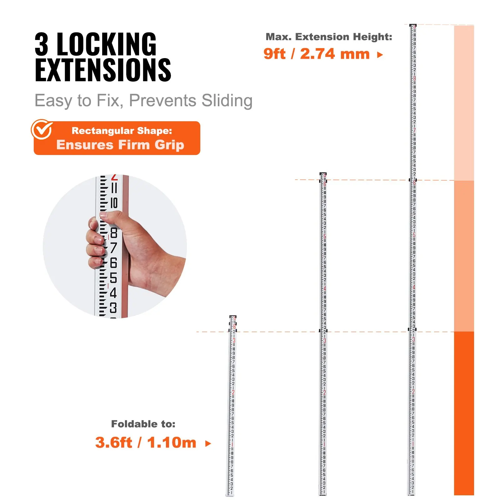 

Aluminum Grade Rod, 9-Feet/8ths 3 Sections Telescopic Measuring Rod, Double-Sided Scale 1/8in Leveling Rod Stick,Aluminum Alloy