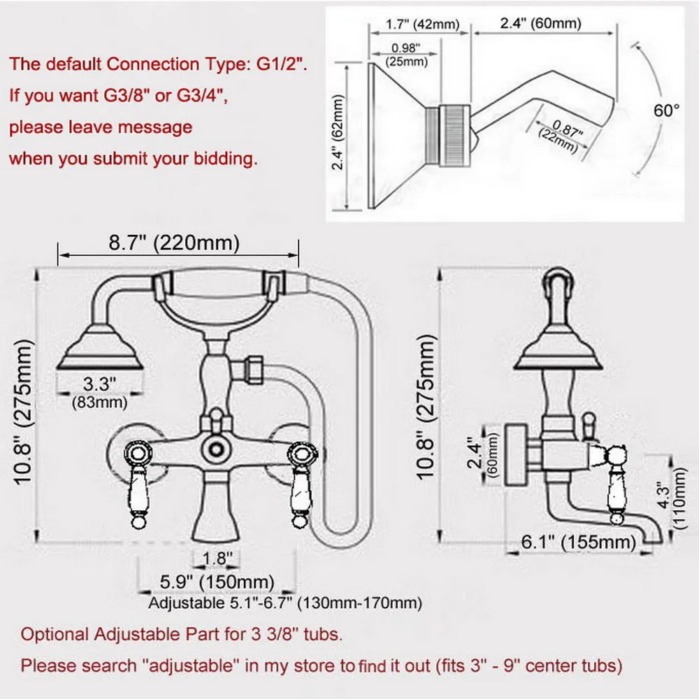 Antique Red Copper Double Handle Wall Mounted Bathroom Bath Tub Faucet Set with 1500MM Hand Held Shower Spray Mixer Tap 2na376