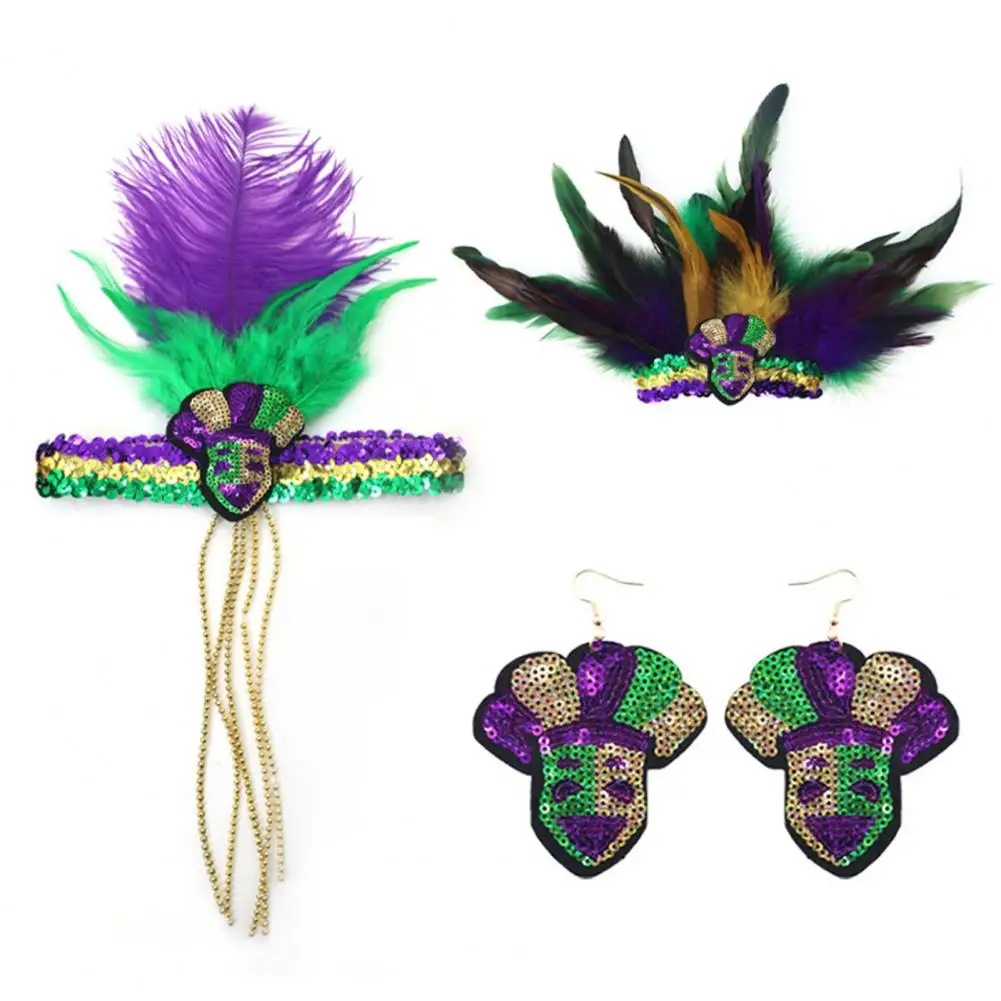 Feather Armband Earrings Set Mardi Gras Feather Headband Set for Women Men Masquerade Headdress with Sequins Glitter Hair Band