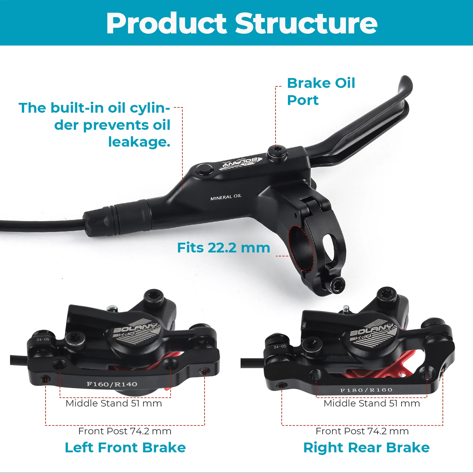 BOLANY Bike Hydraulic Disc Brake Set 2 Piston 800/1450mm MT200 M315 160mm Rotor 3 Finger Steel Lever Hydraulic Brakes for Bikes