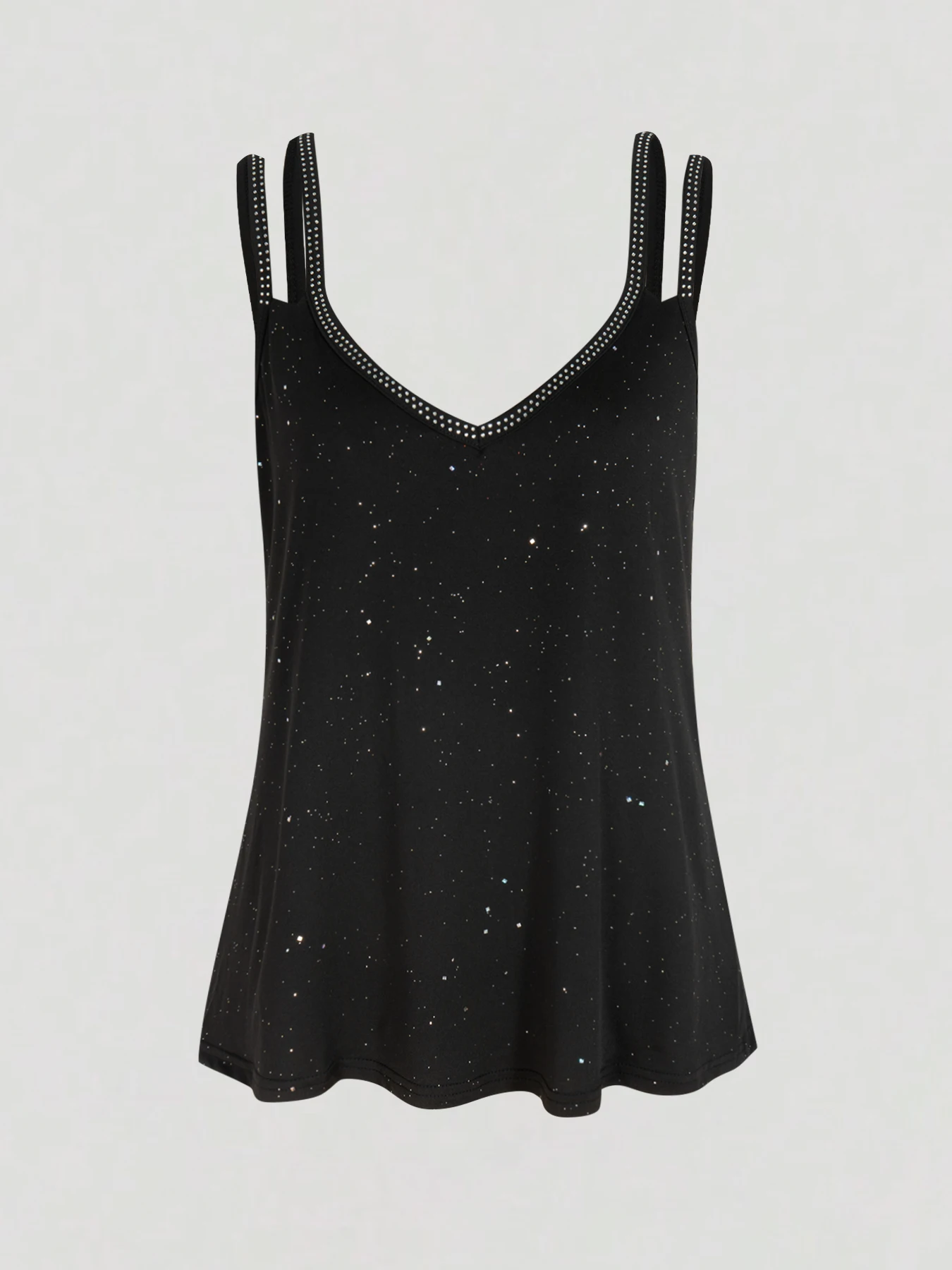Sexy schwarzes Strass-Cami-Top mit V-Ausschnitt, doppelten Trägern und Glitzer, für Nachtclub-Partys, Dates und besondere Anlässe. – Detail 8