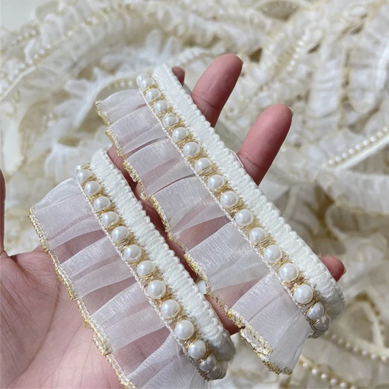 4CM Wide White Organza Tulle Fabric Frills Beaded Fringe Needlework Ruffles Lace Ribbon Golden Edge Trim Dress Apparel Diy Craft