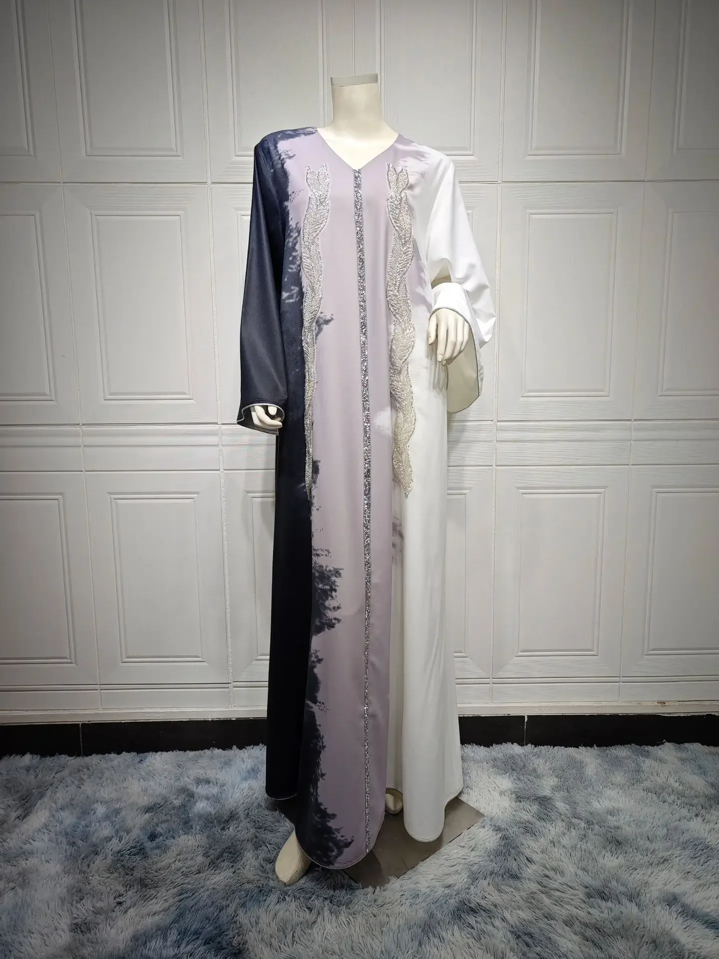 Eidมุสลิมโมร็อกโกชุดผู้หญิงAbaya JalabiyaเพชรVคอชุดปาร์ตี้ดูไบAbayas KaftanอิสลามVestidosอาหรับRobe 2024