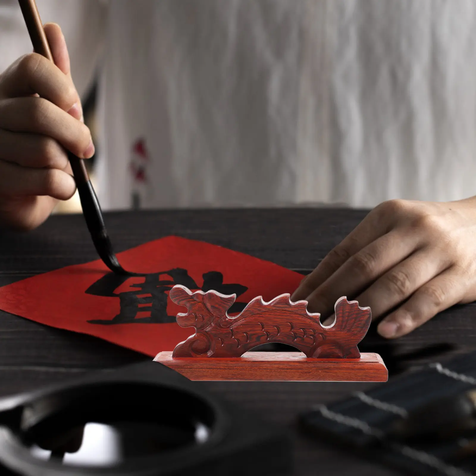 Dragon Shaped Red Sandalwood Calligraphy Brush Brush Rest for Painting Writing Chinese Style Desktop Ornament Solid