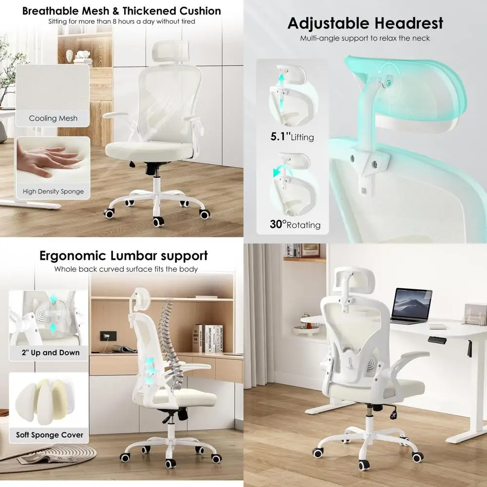 

Эргономичное офисное кресло с высокой спинкой, подголовником, регулируемой поясничной опорой и подлокотниками для дома и офиса, белое и бежевое