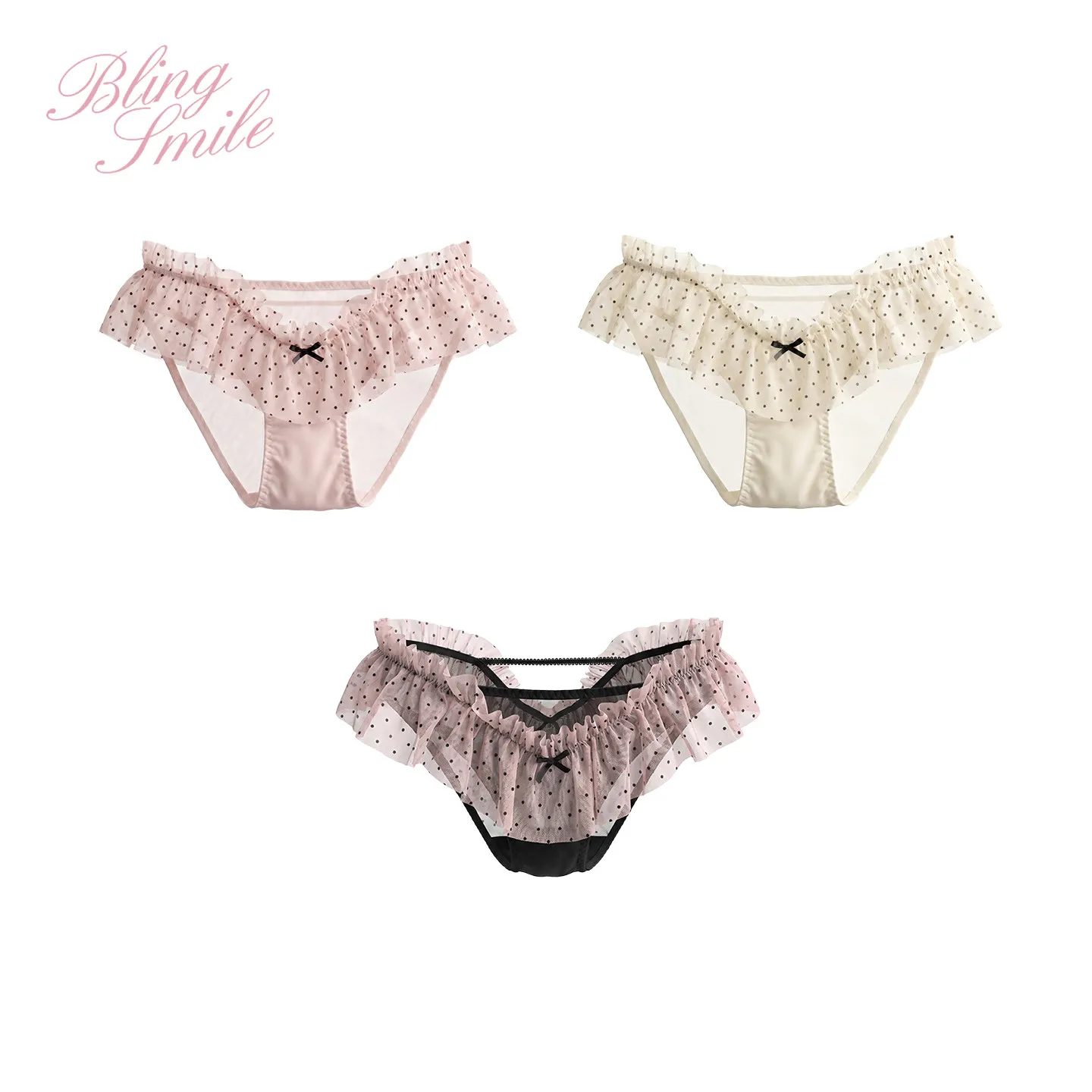Lolita Women Polka Dot Mesh Panties Ruffle Lace Bow Lightweight Anti‑chafing Sweet Sheer Triangle Ladies Intimate Underwear