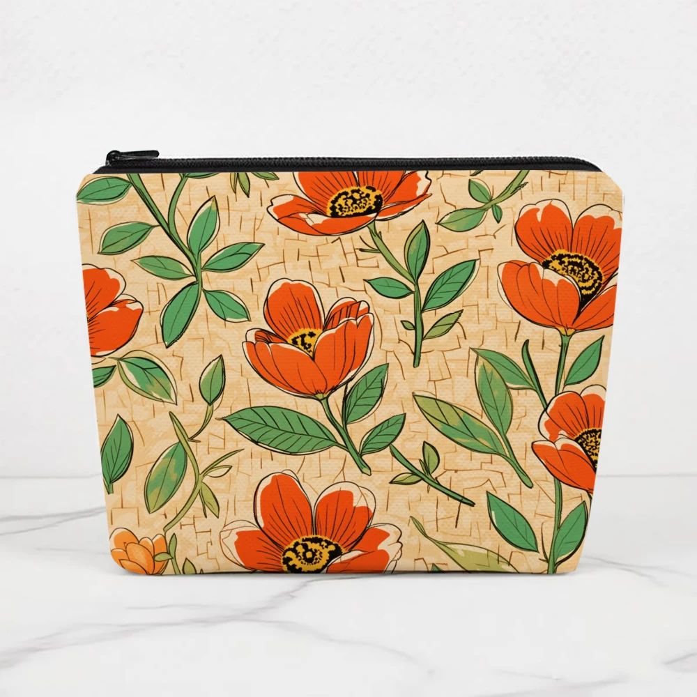 Orange Flowers Green Leaves Pattern Makeup Bags for Girls Cosmetic Pouch Toiletry Bag Pencil Case Travel Storage