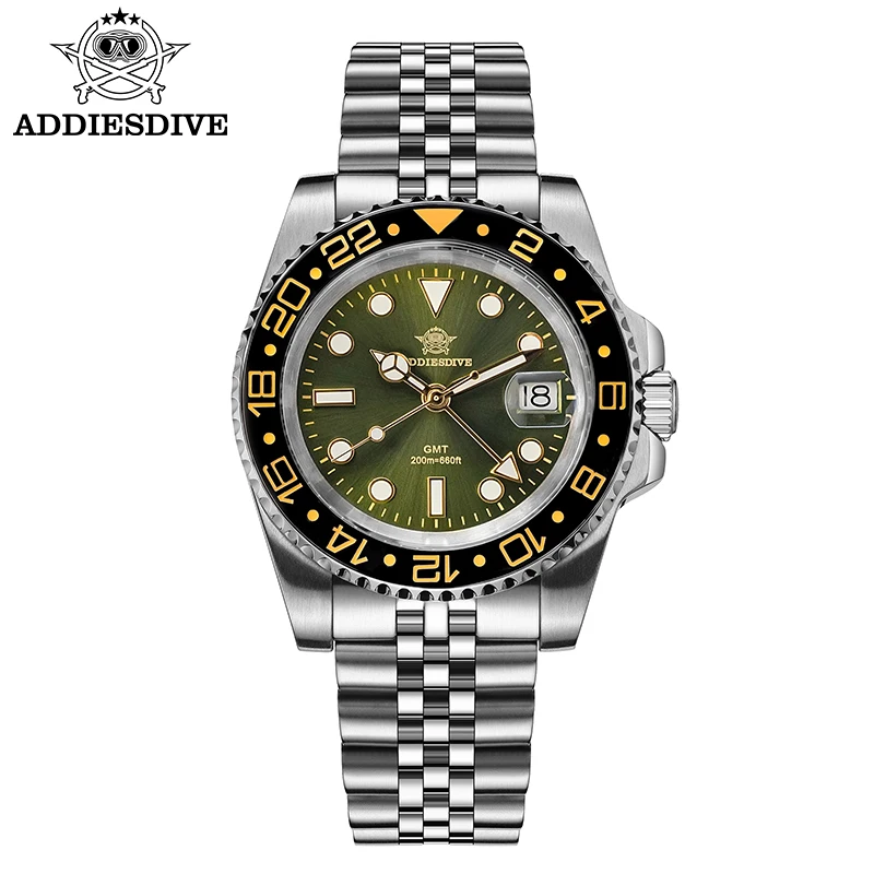 ADDIESDIVE GMT Quartz Watch For Men Classic Swiss Ronda 515-24H Watch Stainless Steel 200m Waterproof Clock New Reloj Hombre
