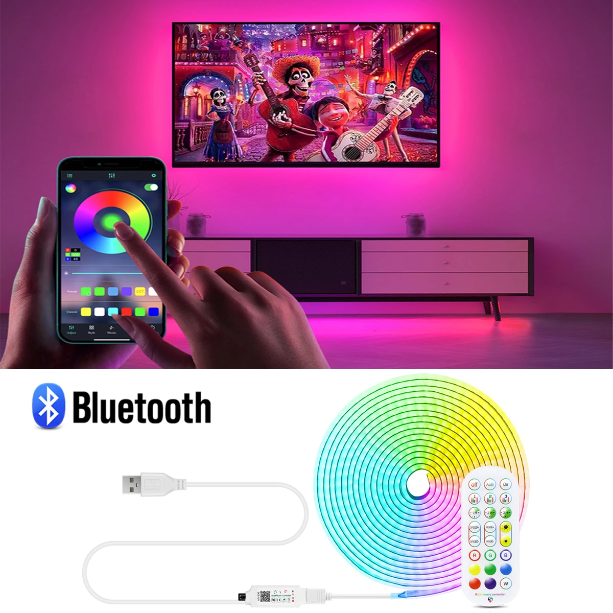 

1-5M RGB LED Strip Light USB Bluetooth Control 5V COB Flexible Ribbon Linear Dimmable RA90 Cabinet Room TV Blacklight Diode Tape