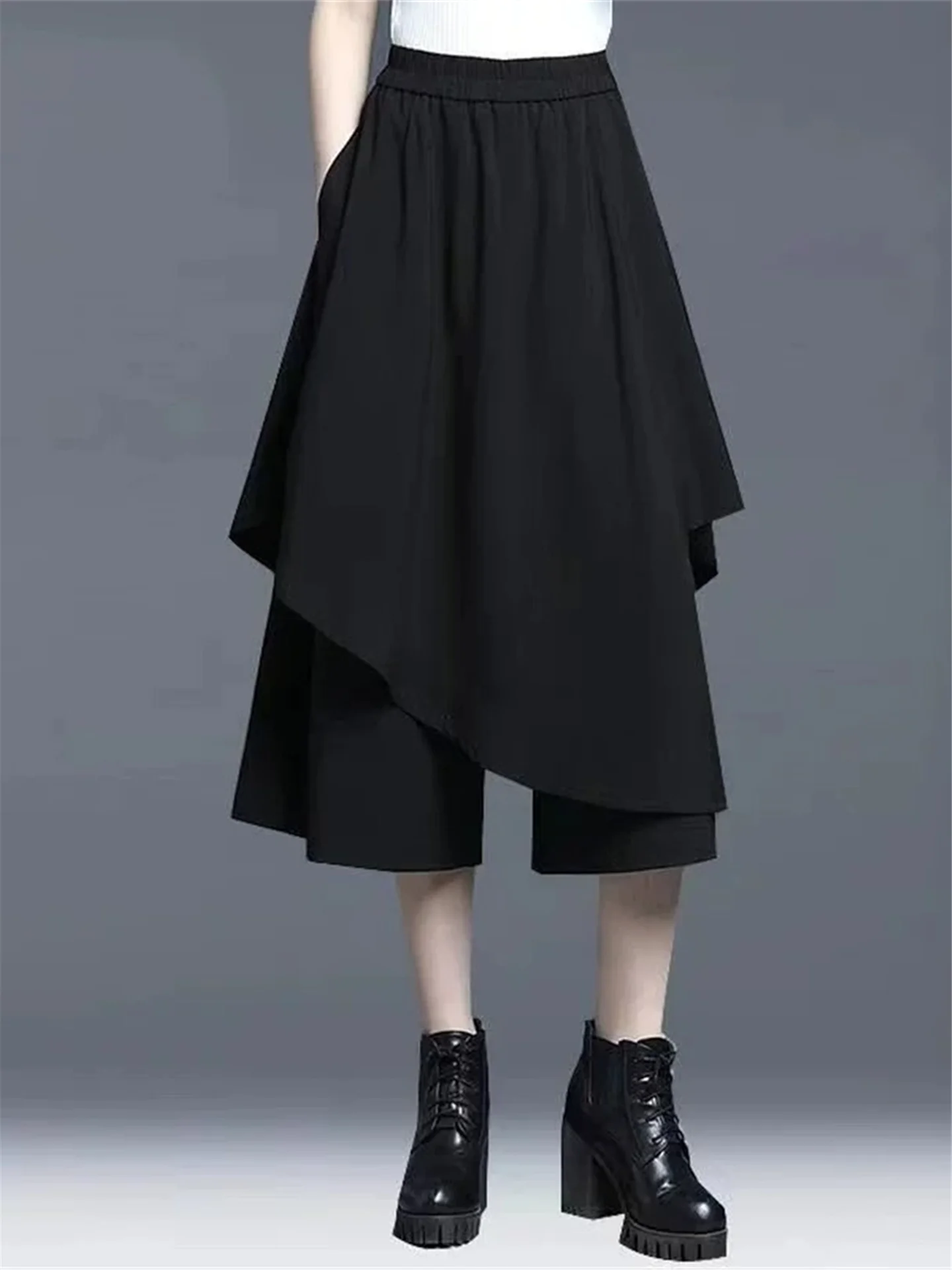 

High Waist Wide Leg Black Casual Pants Loose Slimming Hong Kong Style Seven-Foot Skirt Pants for plus Size Women Summer
