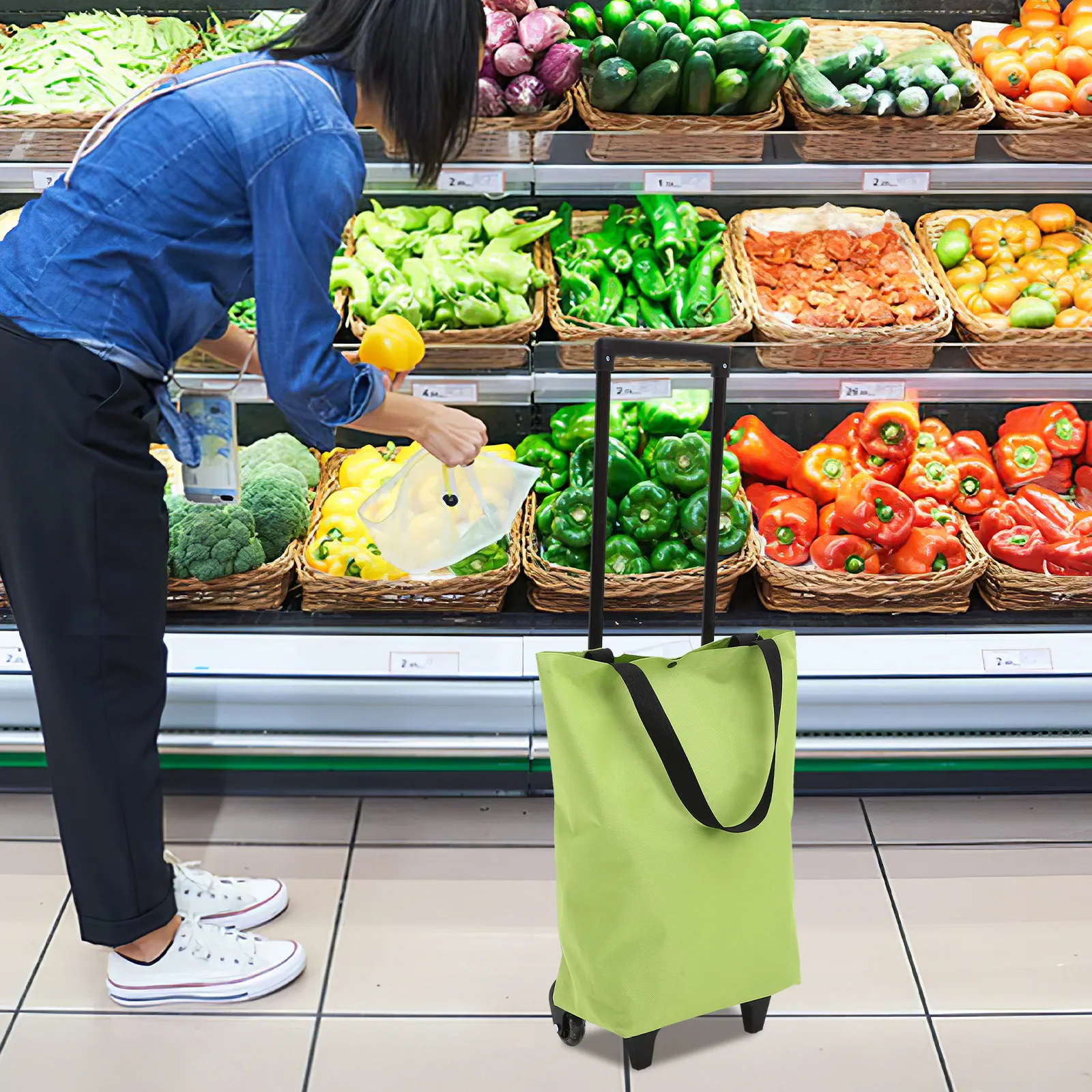 

Shopping Cart Small Trolley Foldable Bag with Wheels Grocery Lightweight Portable Collapsible Green Storage Bag Rolling Tote