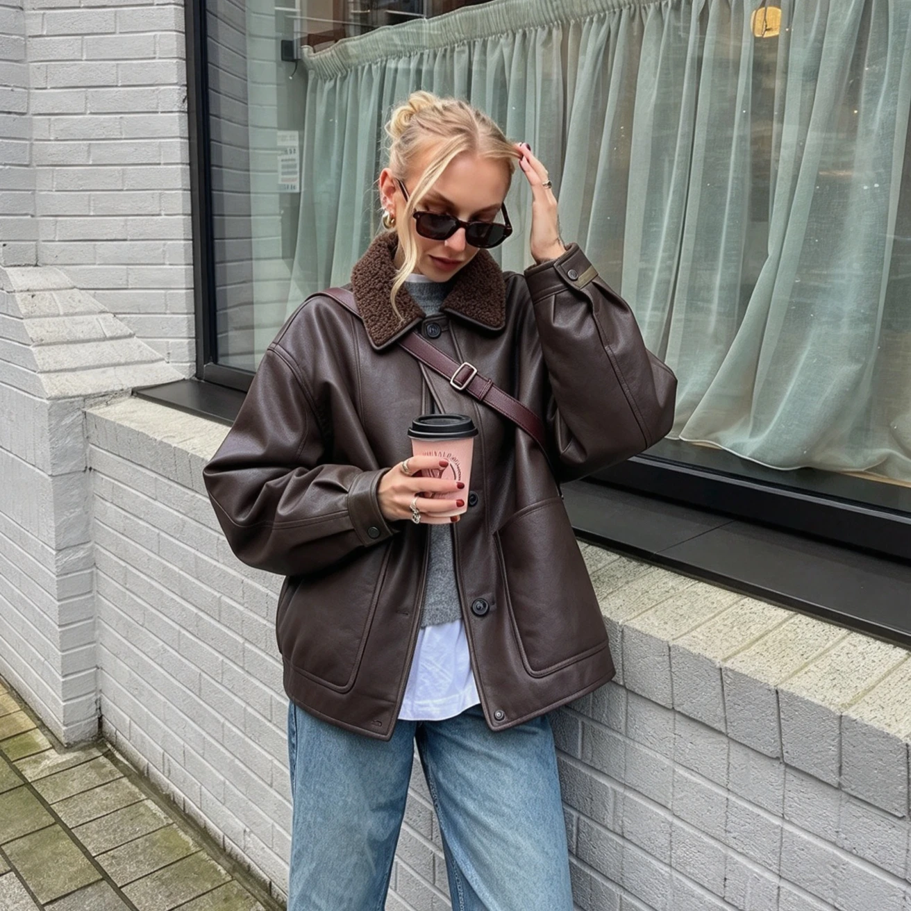 Suninbox Women's Brown Faux Leather Jacket Windproof Thickened Coat Warm Reversible Double-faced Jacket Women outwear
