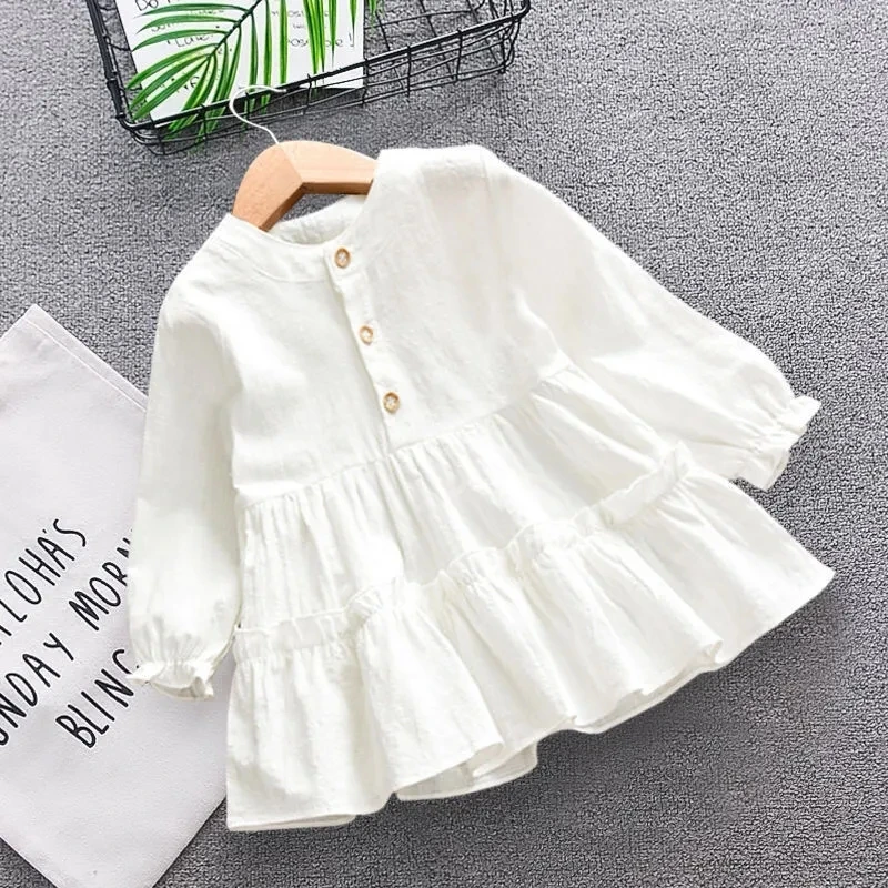 Cotton Girls Baby Dress New Spring and Autumn White  Girls Long Sleeve Clothing Little Girls Princess Dress Children\'s Dress