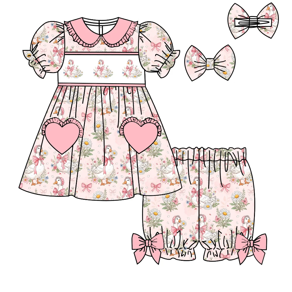 Girls' pajama set collared short-sleeved dress and shorts heart-shaped pocket with floral bow decoration animal and floral print