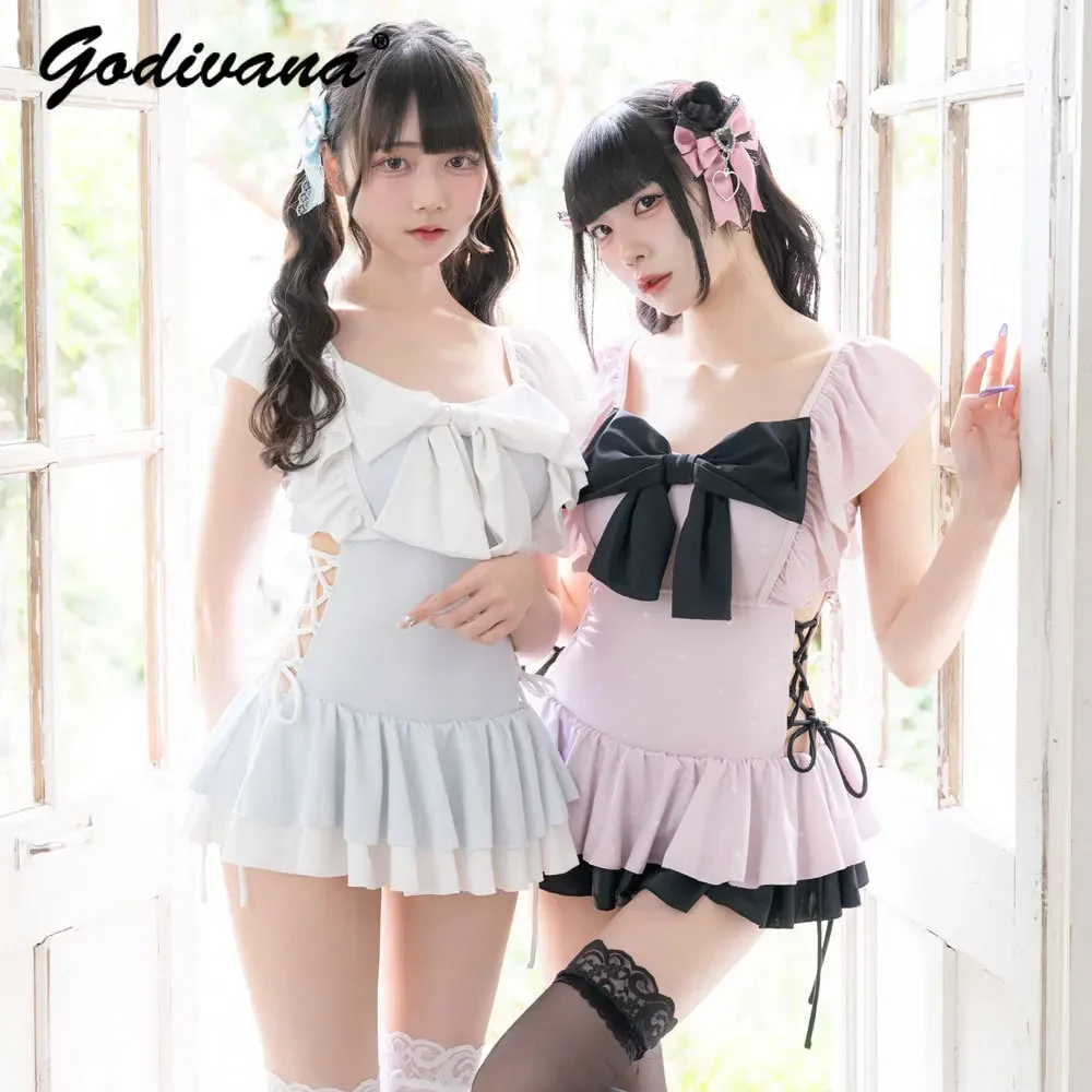 

Japanese Sweet One-Piece Swimsuit Solid Color Ruffles Women Girls Lolita Lace Up Slim Swimsuit Big Bow Flying Sleeve Swimwear