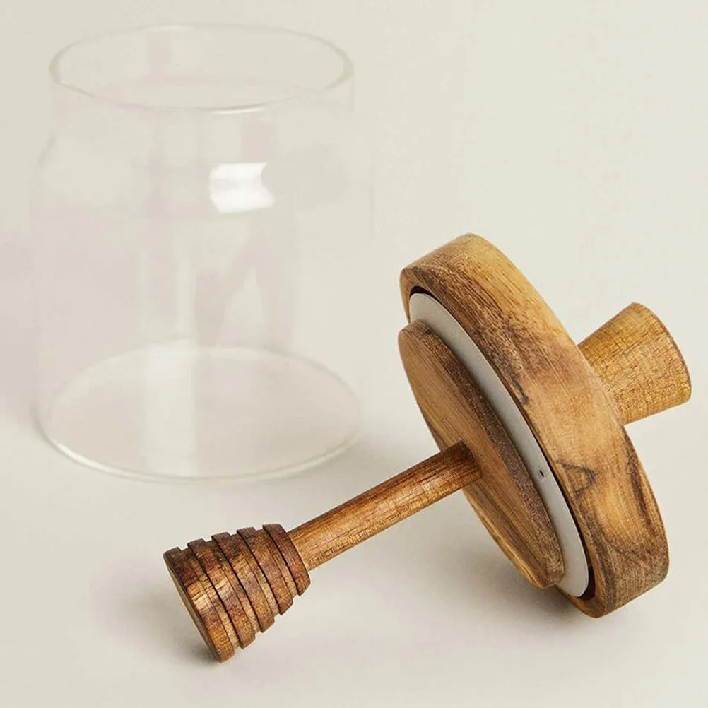 Tarro de miel de vidrio pequeño con cucharón de madera y tapa para almacenar miel, jarabe, mermelada, recipiente de cocina para alimentos, regalo, uso doméstico y exterior