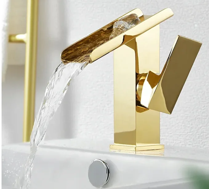 Becola Gold Brass Waterfall Wash Basin With High And Low Faucet For Hotel Toilet Home Bathroom - Hot And Cold Water Compatible