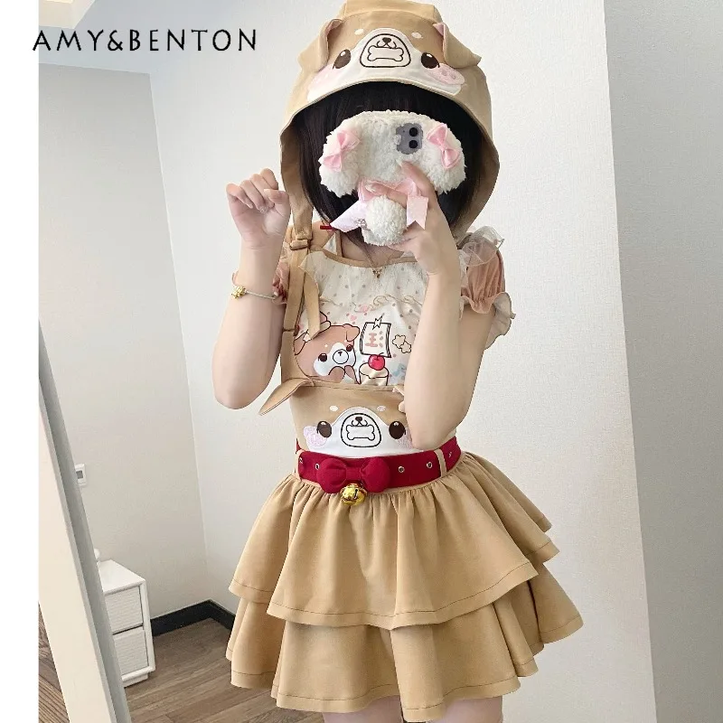 

Lolita Style Spring New Cute Cartoon Print Skirt Sets Sweet Girl Slim Short-sleeved Top Strap Puff Skirt Two-piece Set Women