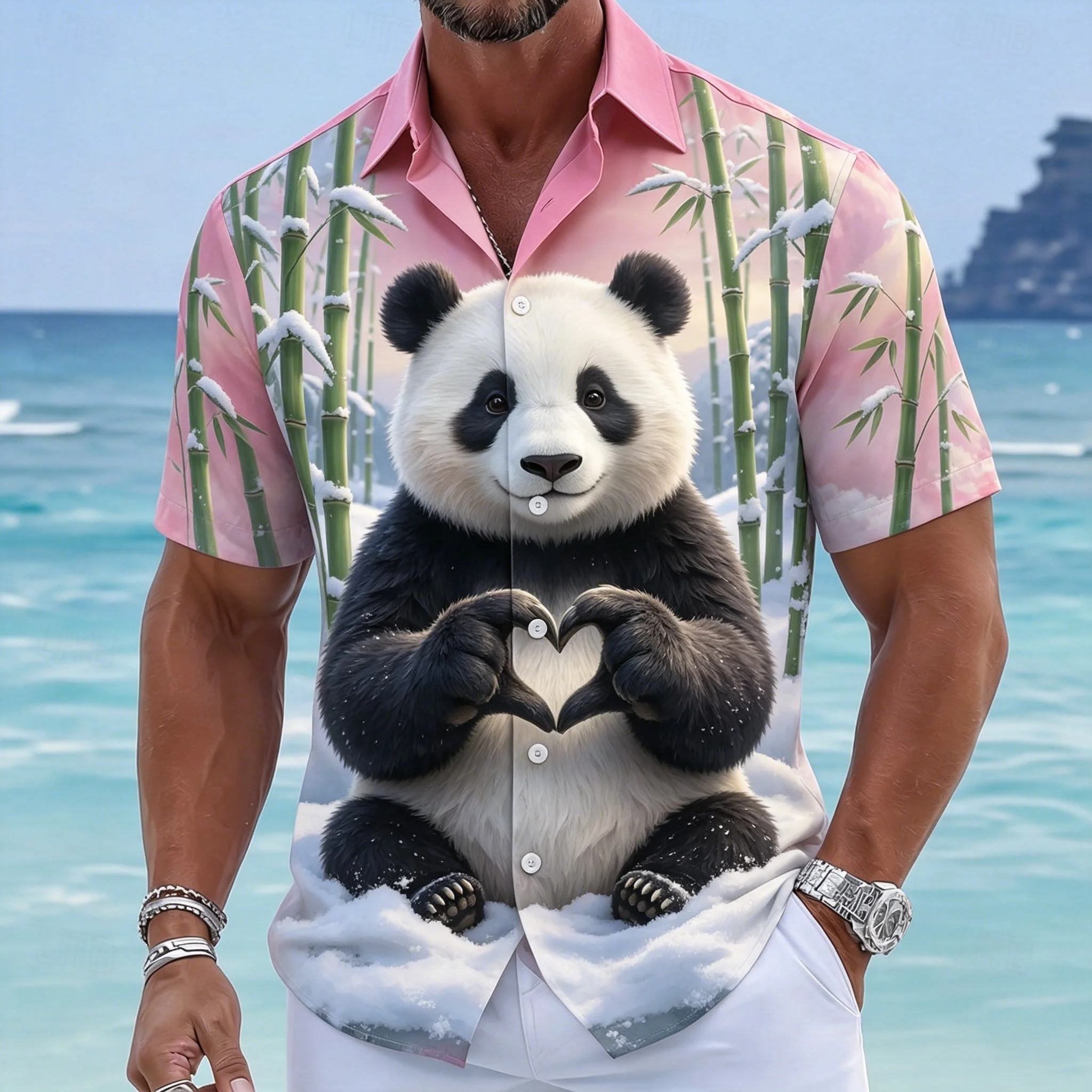 Men's Lion Heart Hand Sunset Print Short Sleeve Shirt 3D Safari Beach Graphic Casual Button Down Top for Spring & Summer