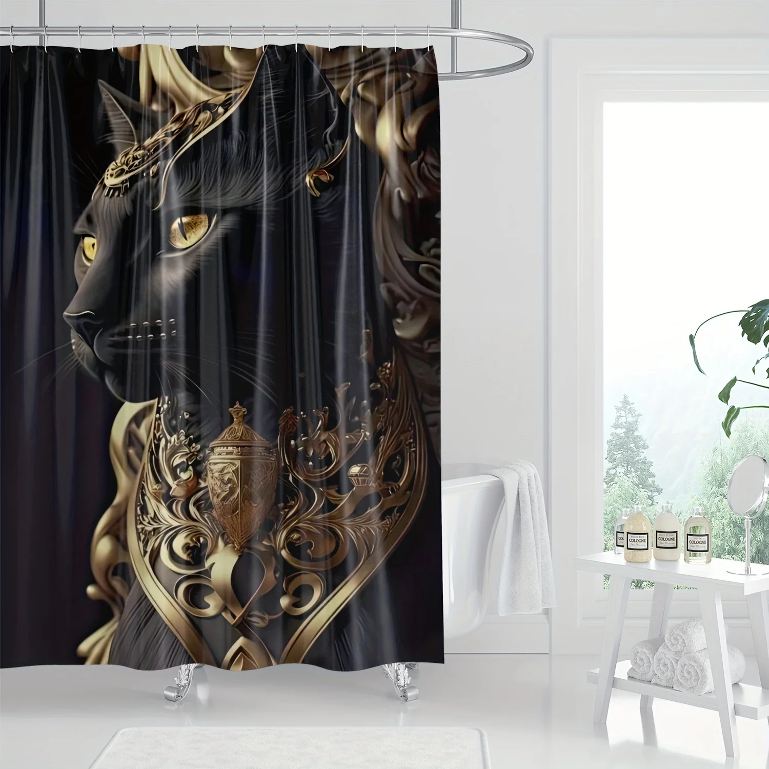 

Majestic Black Cat with Golden Ornament Waterproof Shower Curtain - Elegant Artistic Design for Luxurious Bathroom Décor