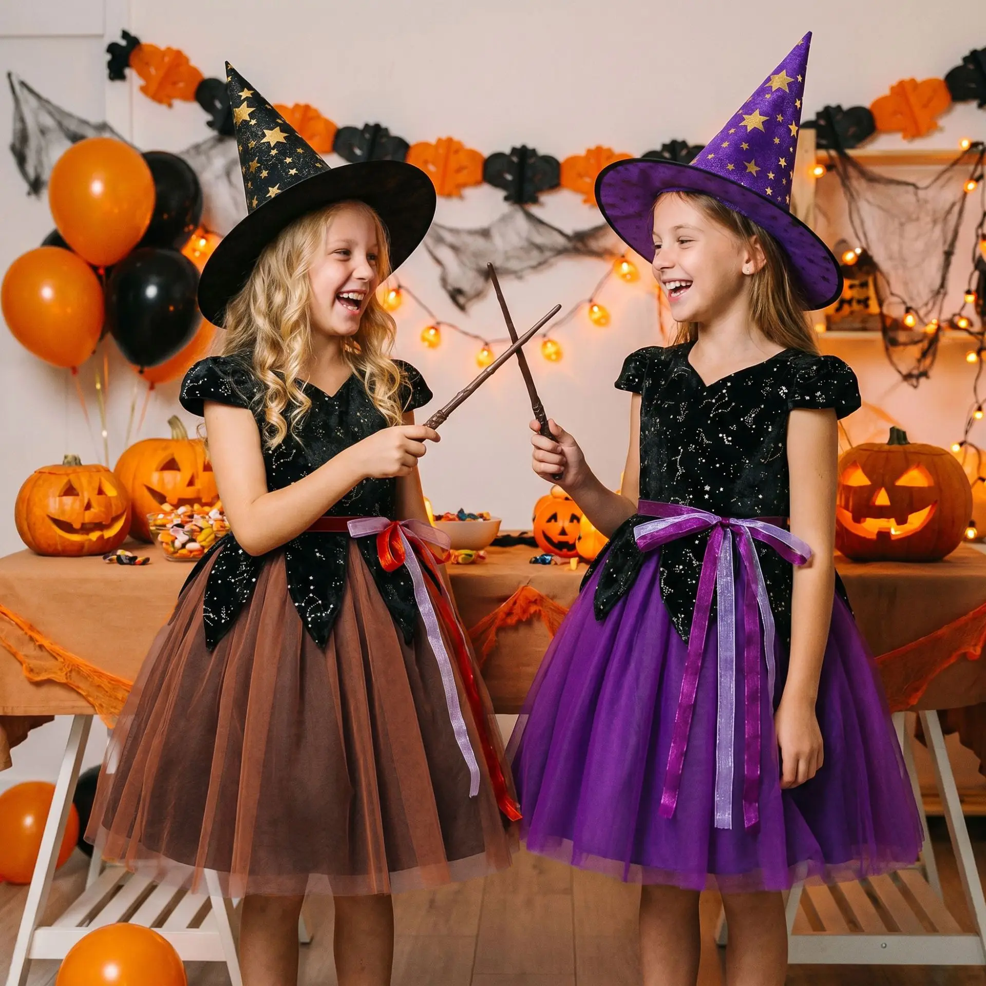 Girls Halloween Witch Costume Sequin Snowflake Tulle Princess Dress+Hat Kids Cosplay Outfit for Carnival Party Stage Performance