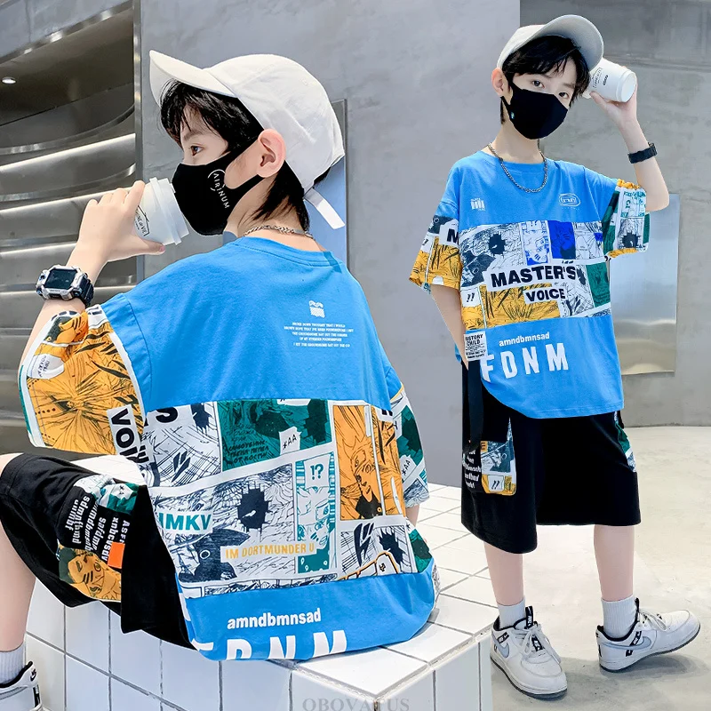 Children High Fashion Summer Streetwear Outfit Suit for Boys T-shirt Shorts Two Pieces Clothing Set Kids Teenager Casual Clothes